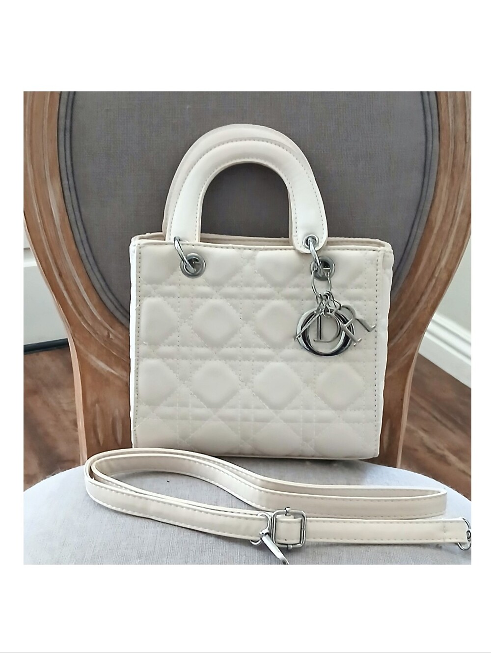 Mini Cream Quilted Top-Handle Bag with Silver Hardware Initials